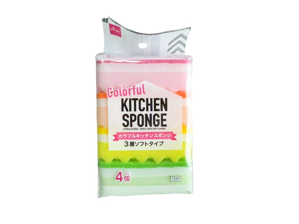 Colorful Kitchen Sponge (3-Layer Soft Type, 4 Pieces)