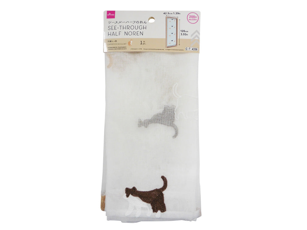 Sheer Half Noren (Embroidered Cat Pattern)