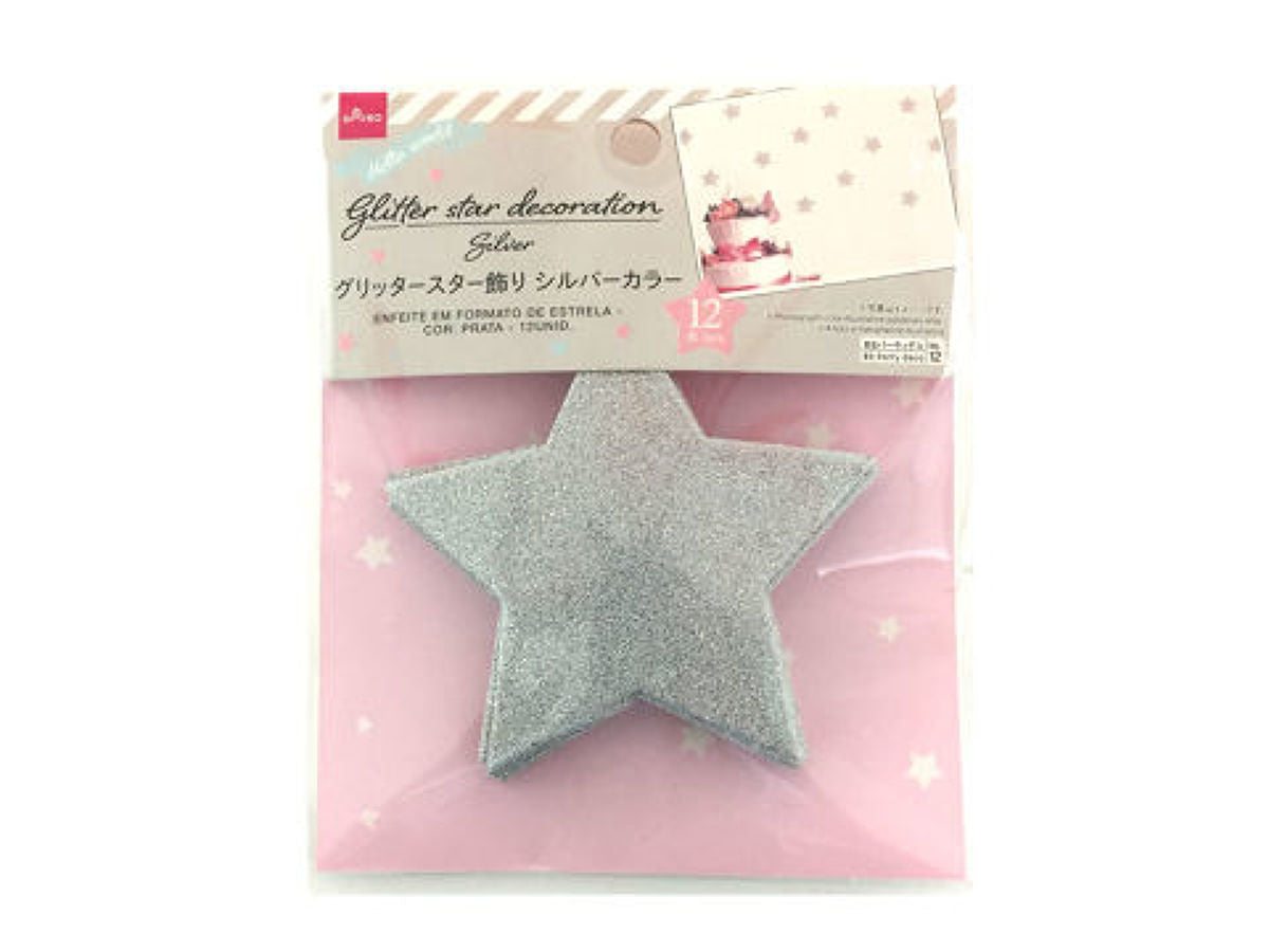 Glitter Star Decorations (Silver Color, 12 Pieces)