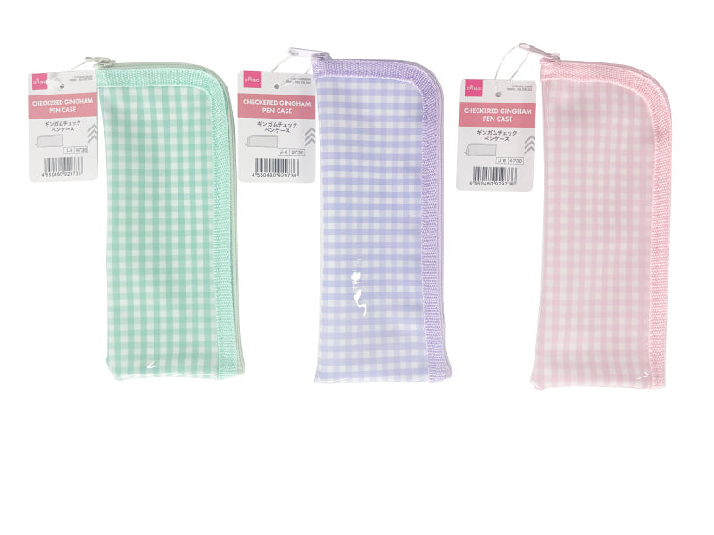 Gingham Check Pen Case (L Type, Purple, Green, Pink)