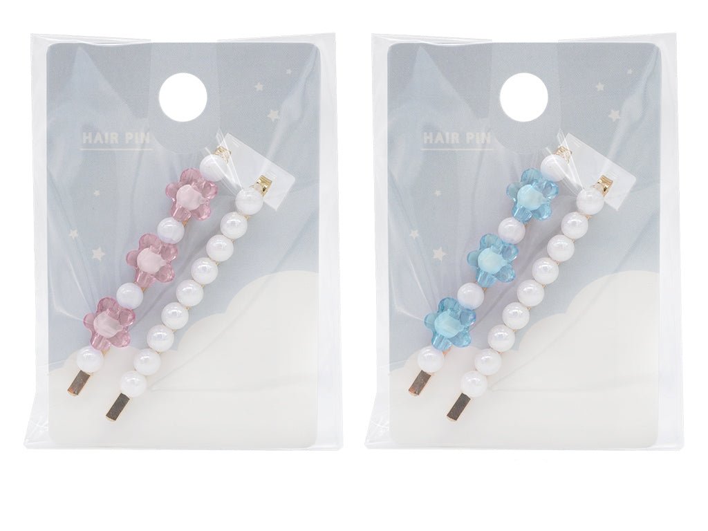 Flower Beads Hairpin Set (Pink, Blue)