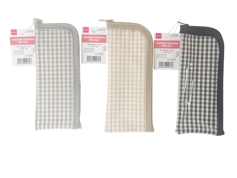 Gingham Check Pen Case (L Type, Beige, Gray, Black)