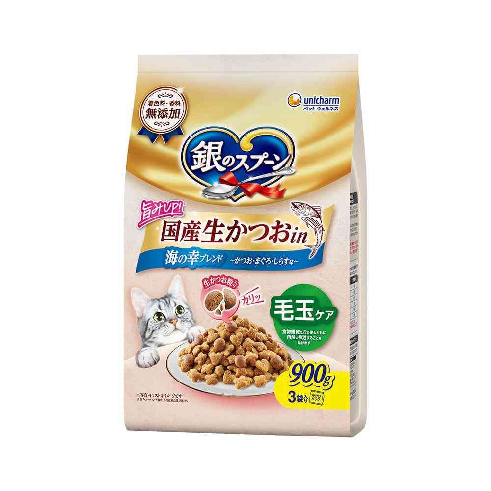 UniCharm Silver Spoon Domestic Fresh Bonito in Hairball Care Seafood Blend Bonito, Tuna, and Whitebait Flavor 900g