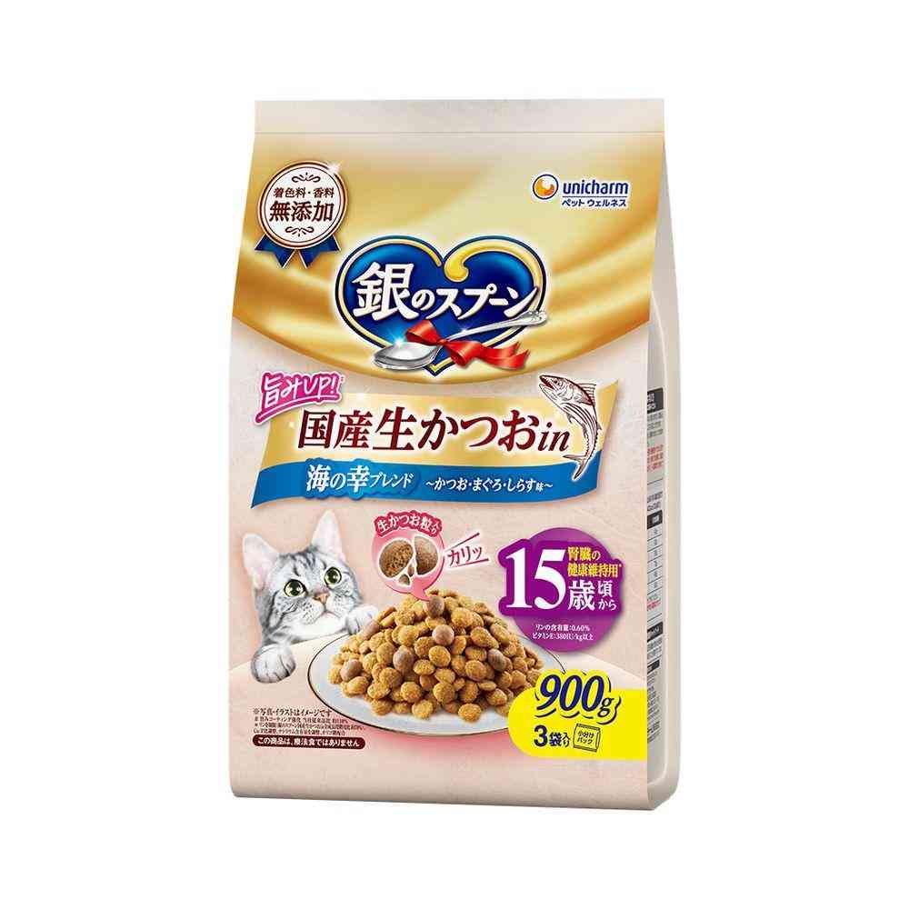 UniCharm Silver Spoon Domestic Fresh Bonito in Seafood Blend for Cats 15 Years and Older Bonito, Tuna, Shirasu Flavor 900g