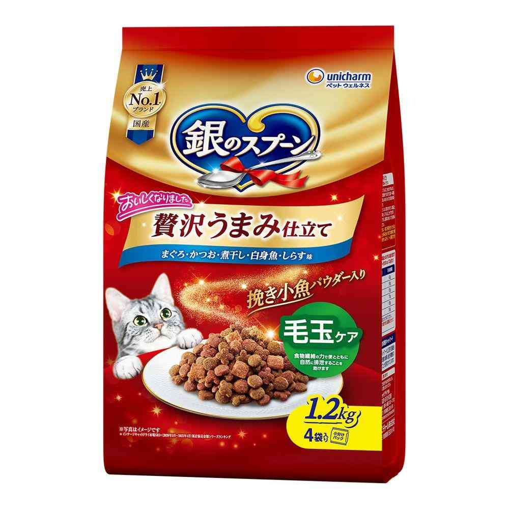 UniCharm Silver Spoon Luxury Umami Blend Hairball Care Tuna, Bonito, Dried Sardines, White Fish, Shirasu Flavor 1.2kg