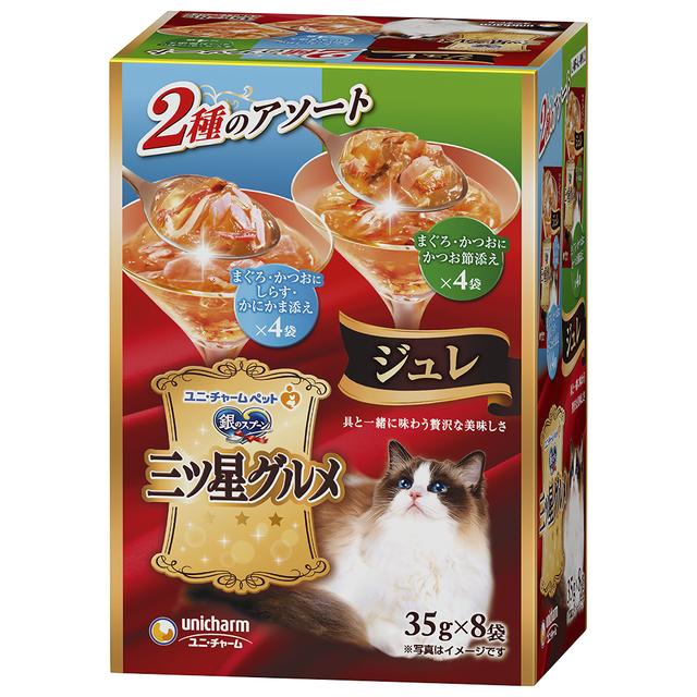 Three-Star Gourmet Jelly Tuna, Bonito with Shirasu & Crab Stick & Tuna, Bonito with Bonito Flakes 35g x 8 Packs