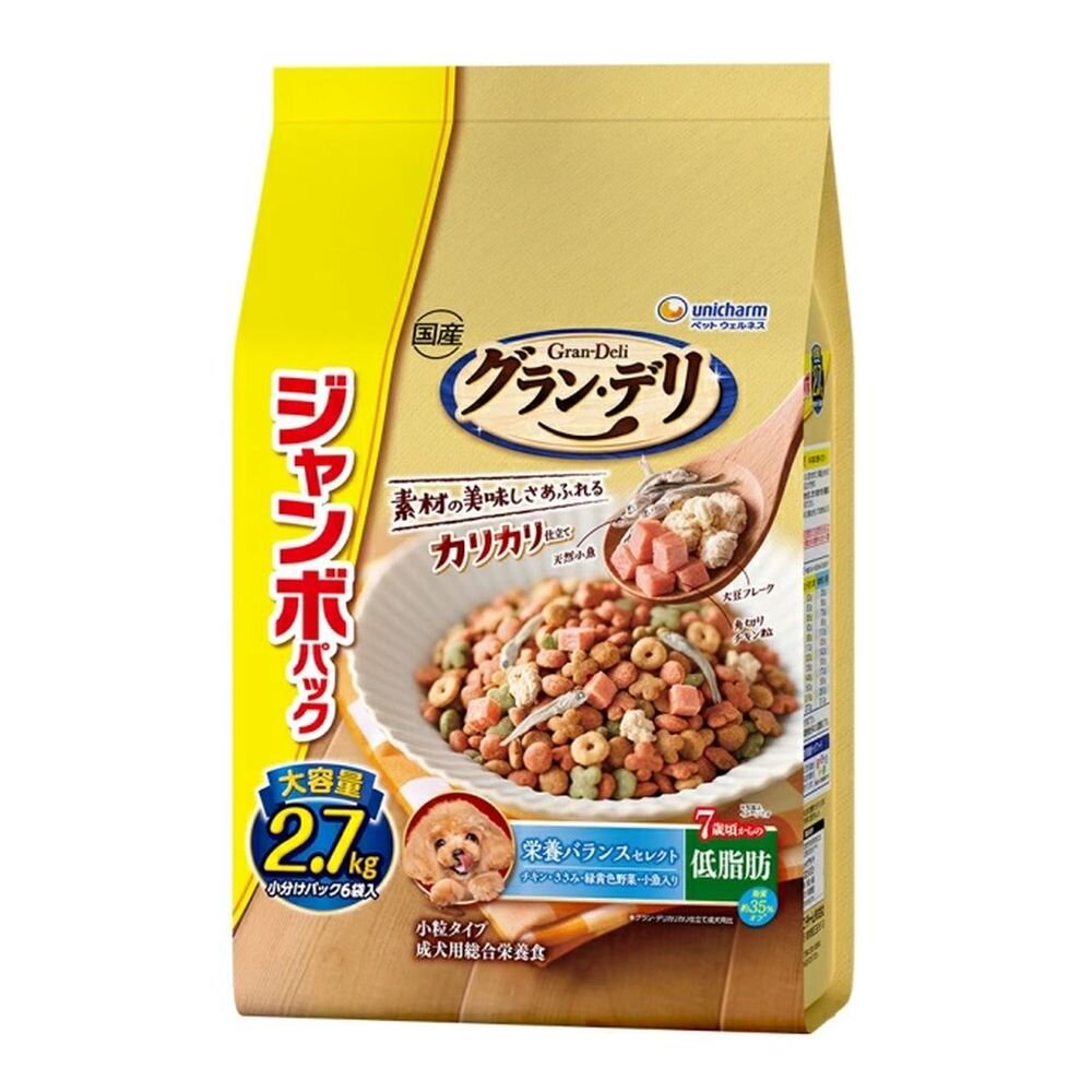 Uni-Charm Gran Deli Crunchy Low-Fat Nutritional Balance Select Chicken, Vegetables, Small Fish for Dogs 7 Years and Older 2.7kg (6 Small Packs)