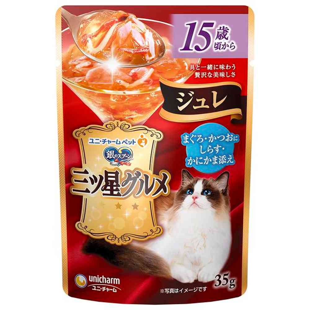 Unicharm Mitsuboshi Gourmet Pouch Jelly for Cats 15 Years and Older with Tuna, Bonito, Shirasu, and Crab Stick 35g