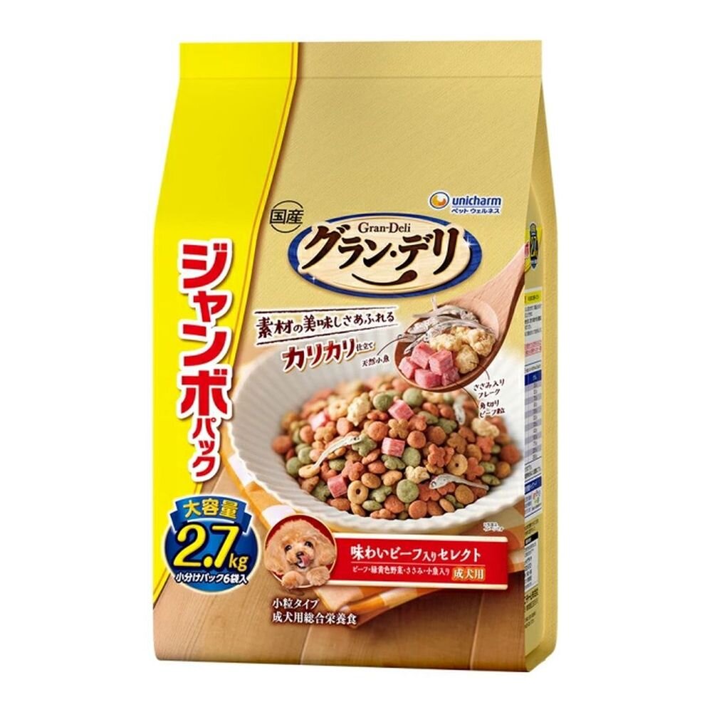 Uni-Charm Gran Deli Crunchy Dog Food for Adults Beef Flavor Select Beef, Vegetables, Chicken, Small Fish 2.7kg (6 Small Packs)