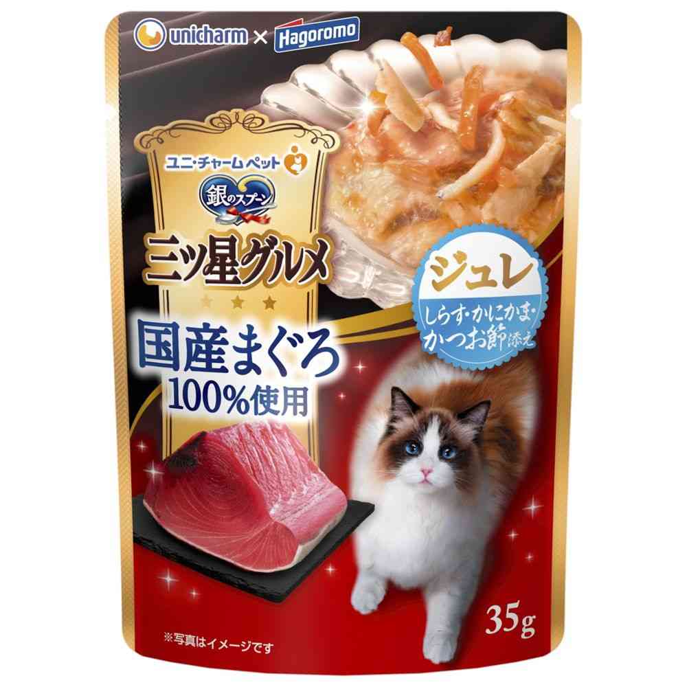 Unicharm Mitsuboshi Gourmet Pouch Domestic Tuna 100% Flakes with Shirasu, Crab Stick, and Bonito Flakes 35g