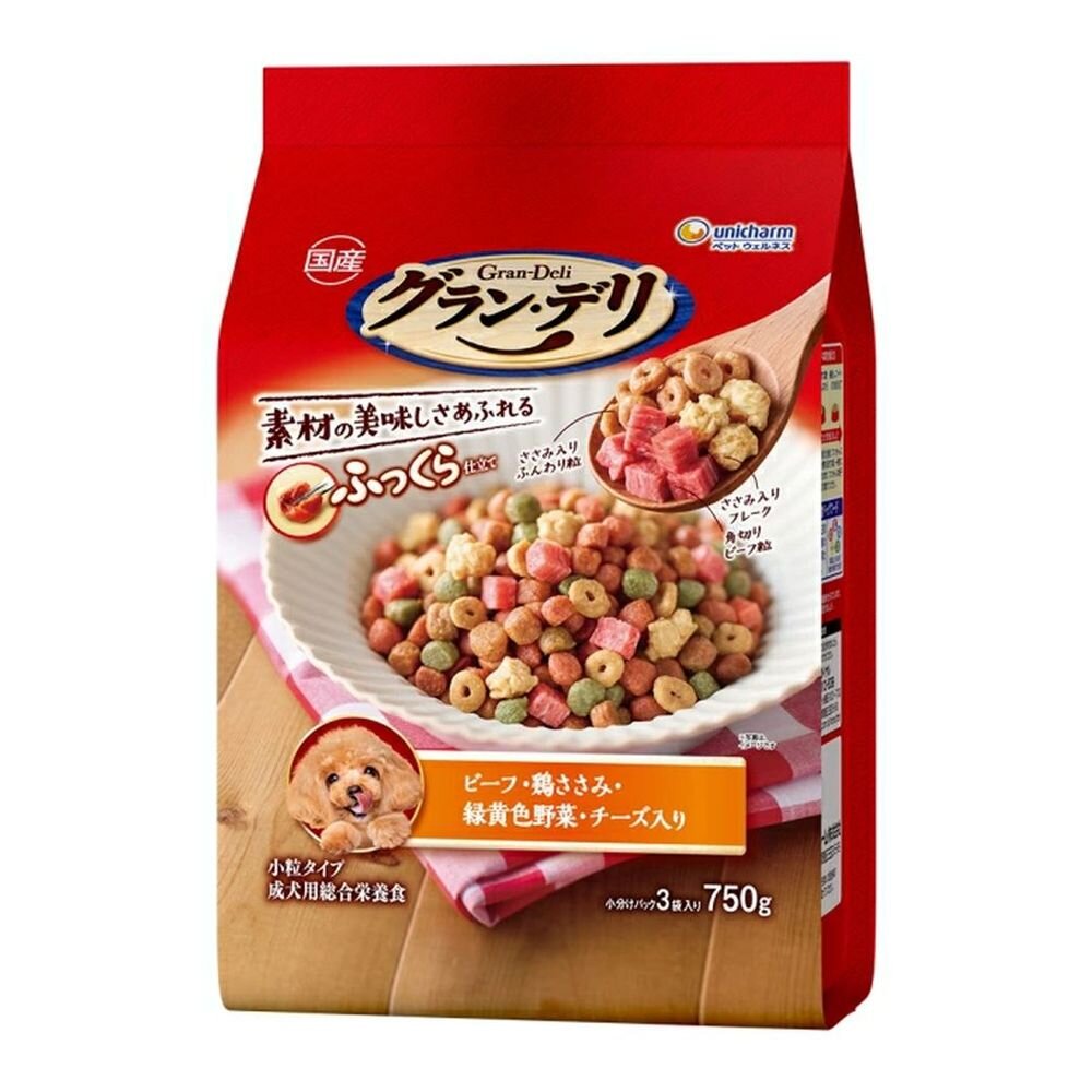 Uni-Charm Gran Deli Fluffy Style Beef, Chicken Breast, Yellow Vegetables, Cheese, and Diced Beef 750g