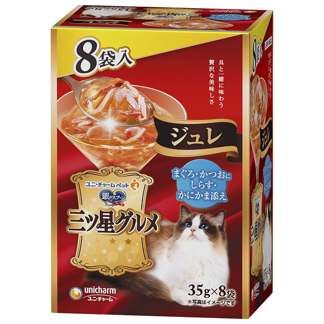 Unicharm Three-Star Gourmet Pouch Jelly Tuna & Bonito with Shirasu & Crab Stick