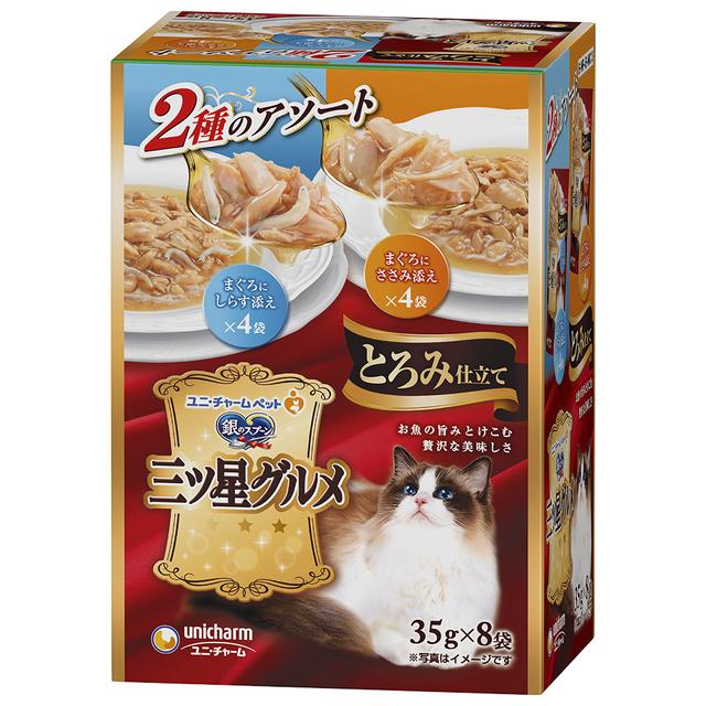 Unicharm Three-Star Gourmet Pouch Thickened Tuna with Shirasu and Tuna with Chicken Breast 35g x 8
