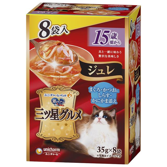 Unicharm Three-Star Gourmet Jelly for Cats 15 Years and Older Tuna, Bonito with Shirasu & Crab Stick 35g x 8 Packs