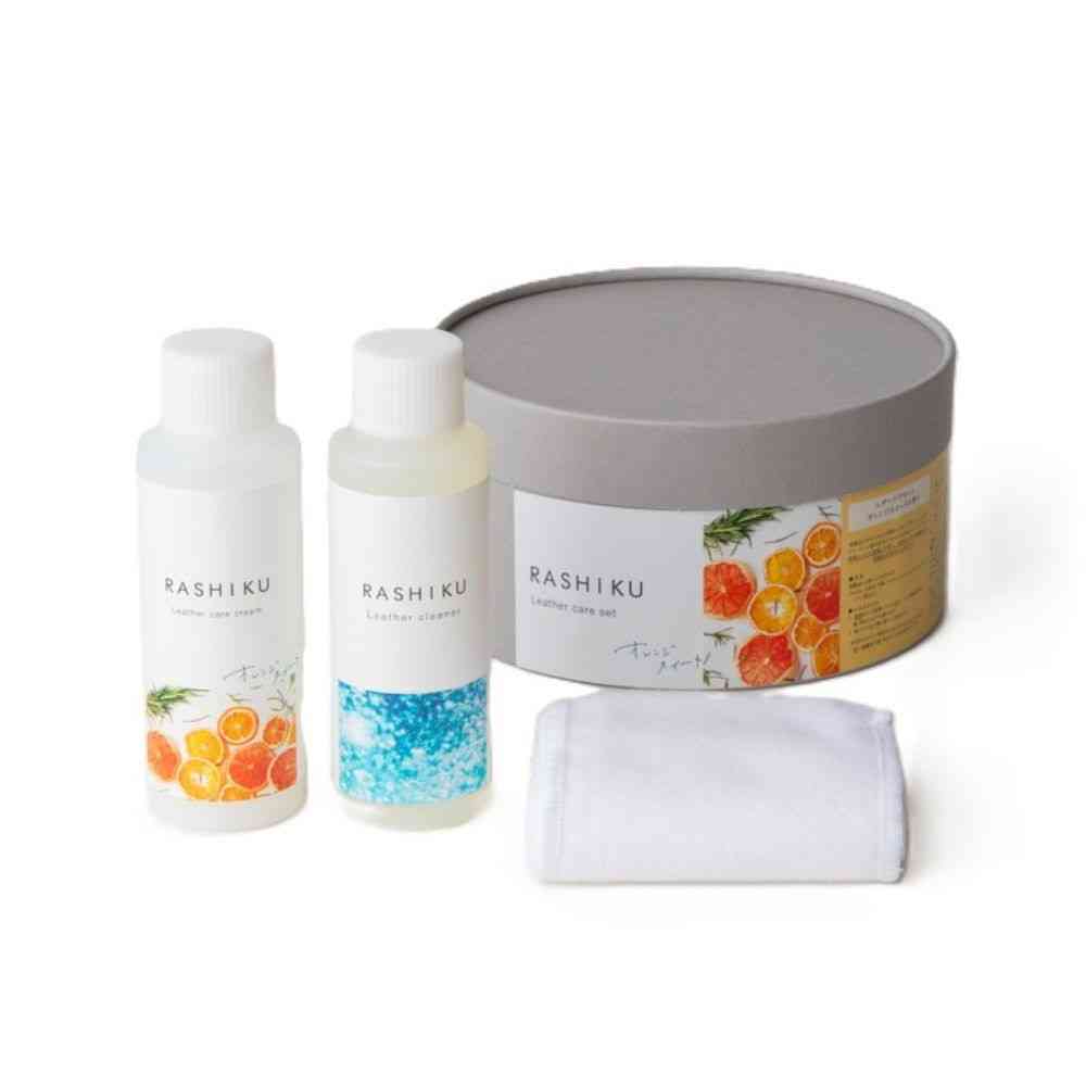 Fujie RASHIKU Leather Care Set Sweet Orange Scent - Leather Care Cream: 100ml, Leather Cleaner: 100ml, Care Cloth