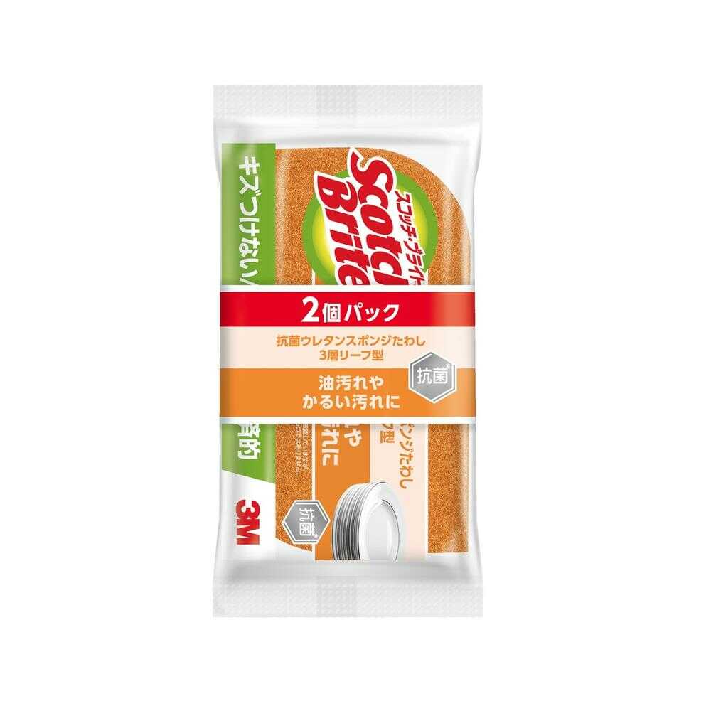 3M Scotch-Brite Antibacterial Urethane Sponge Scrubbers 3-Layer Leaf Shape SS72KE-2PW Orange 2-Pack