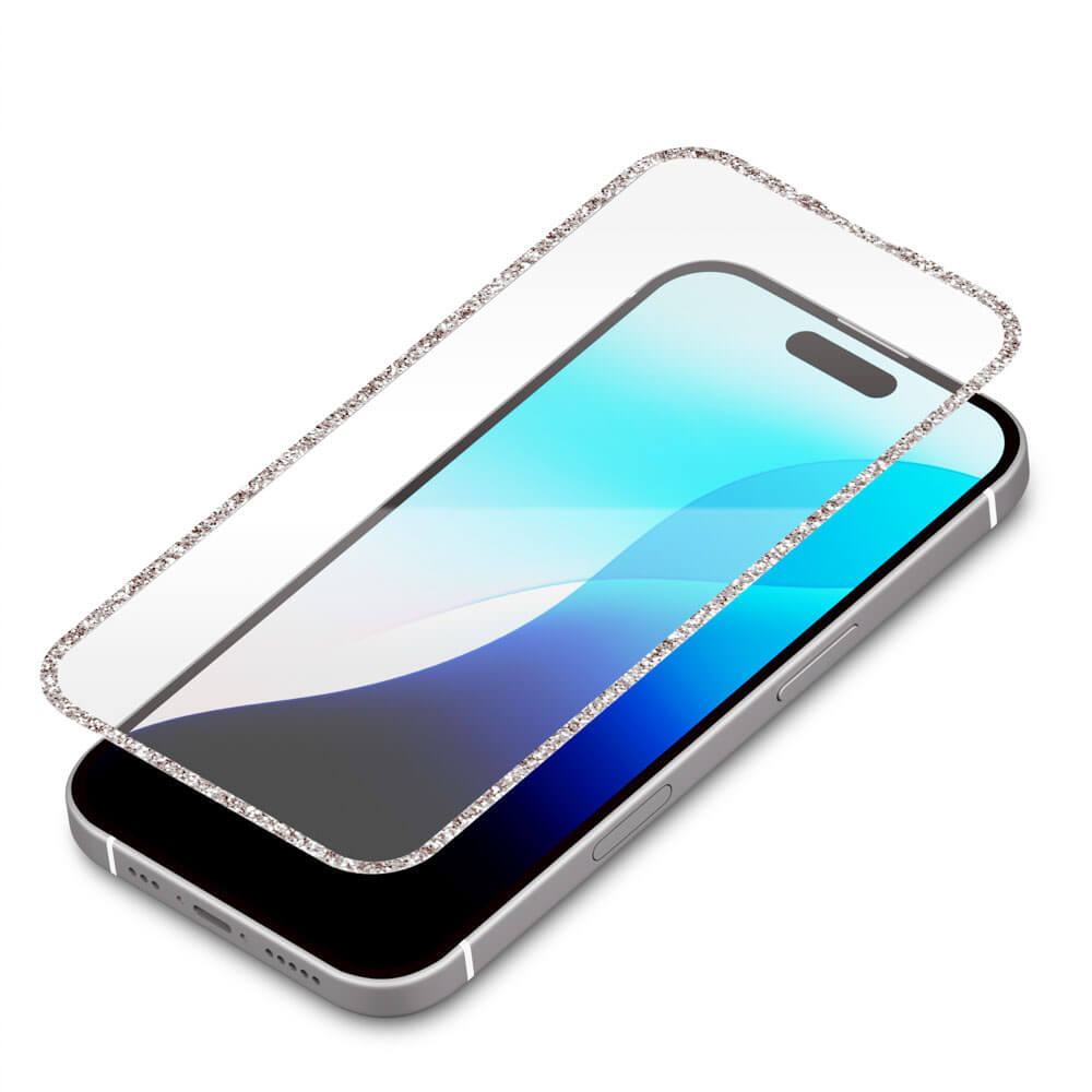 PGA iPhone 16 Pro Full Liquid Crystal Protection Glass Glitter Frame Silver/High Transparency PG-24BGLL02SV 13g