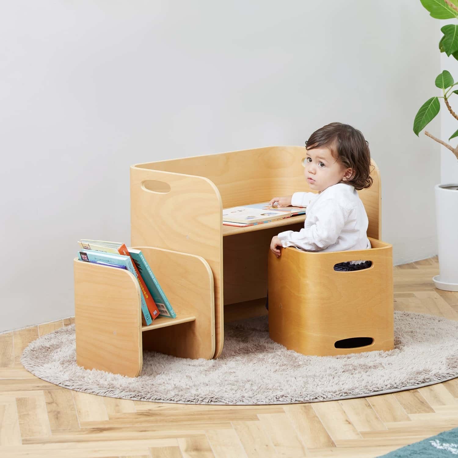 Hoppuru Roll Chair & Desk 3-Piece Set Natural