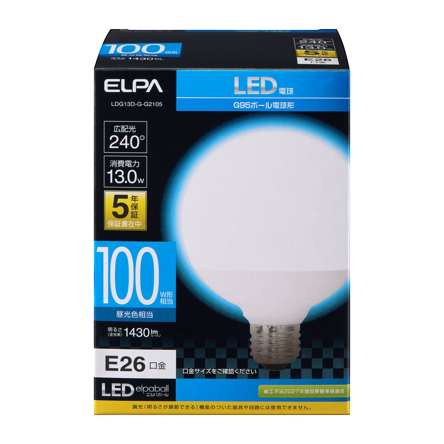 Elpa ELPA LED Bulb Ball Shape G95 100W Equivalent Daylight E26 13W Indoor