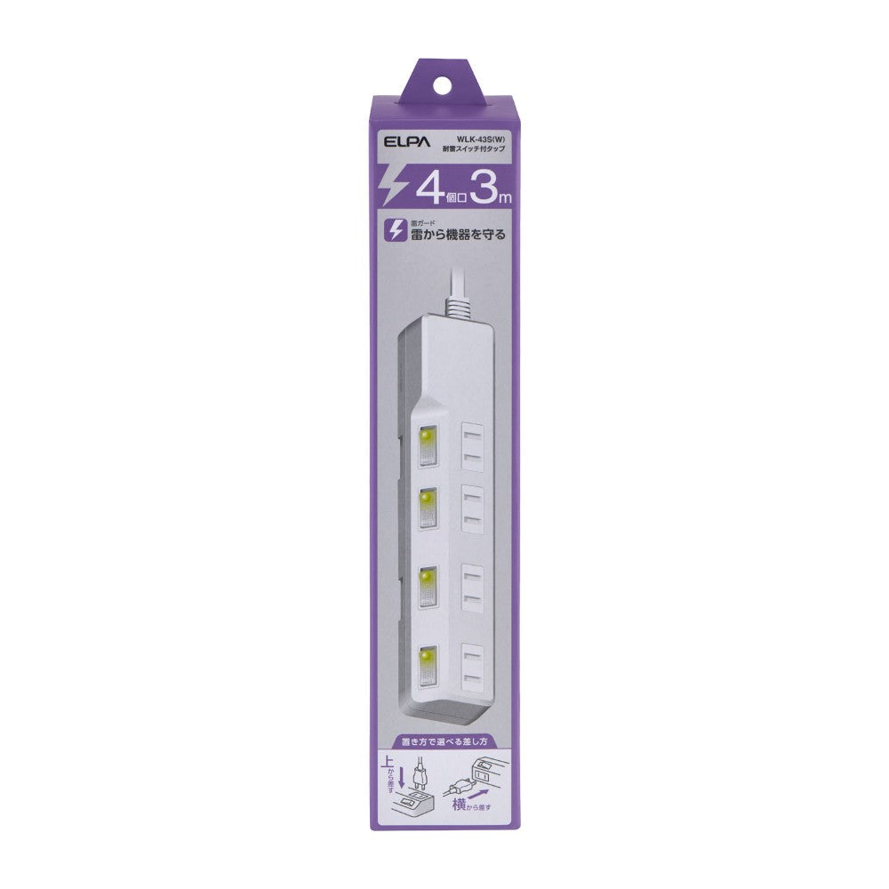 ELPA Lightning-Proof Power Strip with Switch 4 Outlets 3M WLK-43S (W)