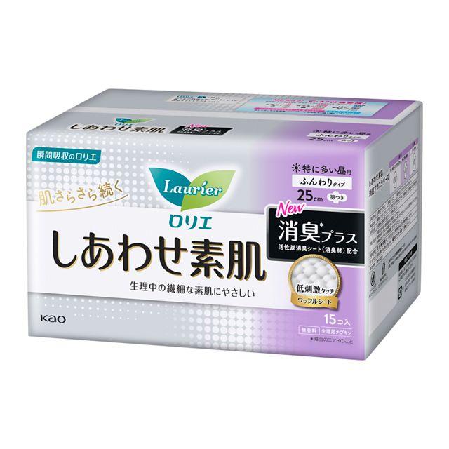 Kao Laurier Shiawase S肌 Deodorant Plus Extra Heavy Day Pads with Wings, 15 Pieces