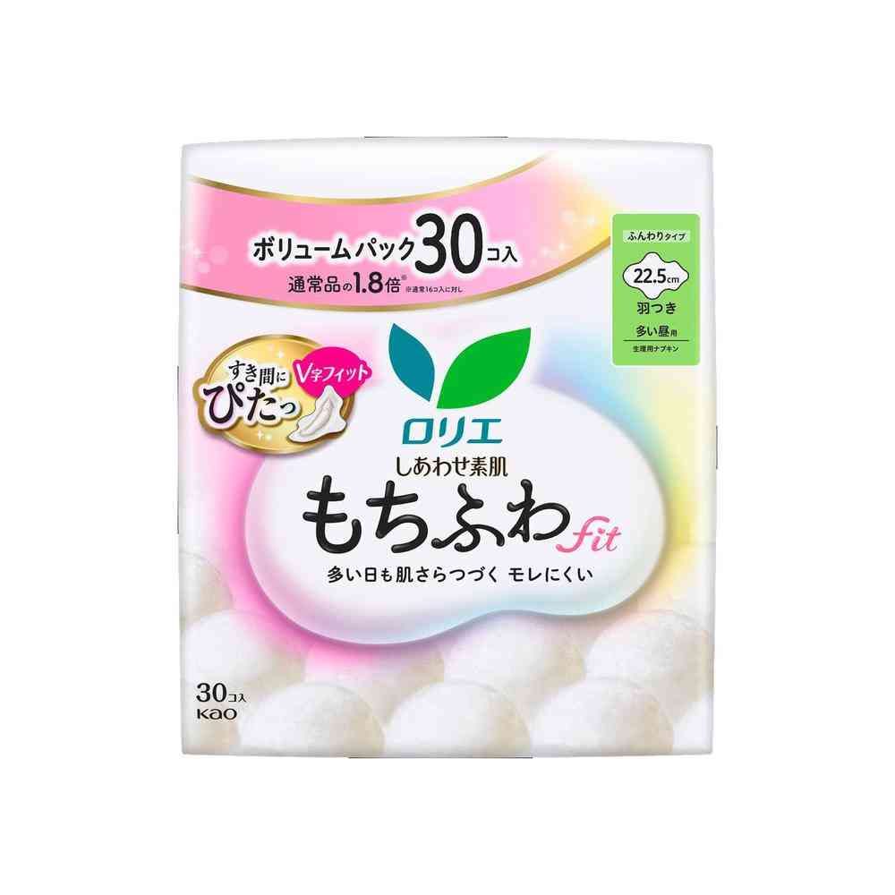 Kao Laurier Shiawase Suhada Mochi Fuwafit Volume Pack Day Use (22.5cm, Wings) (30 Pieces)