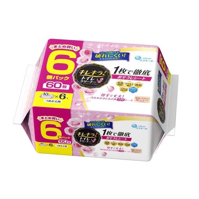 Elleair Kirekira! Toilet Cleaner Happy Rose Refill 10 Sheets x 6 Pack