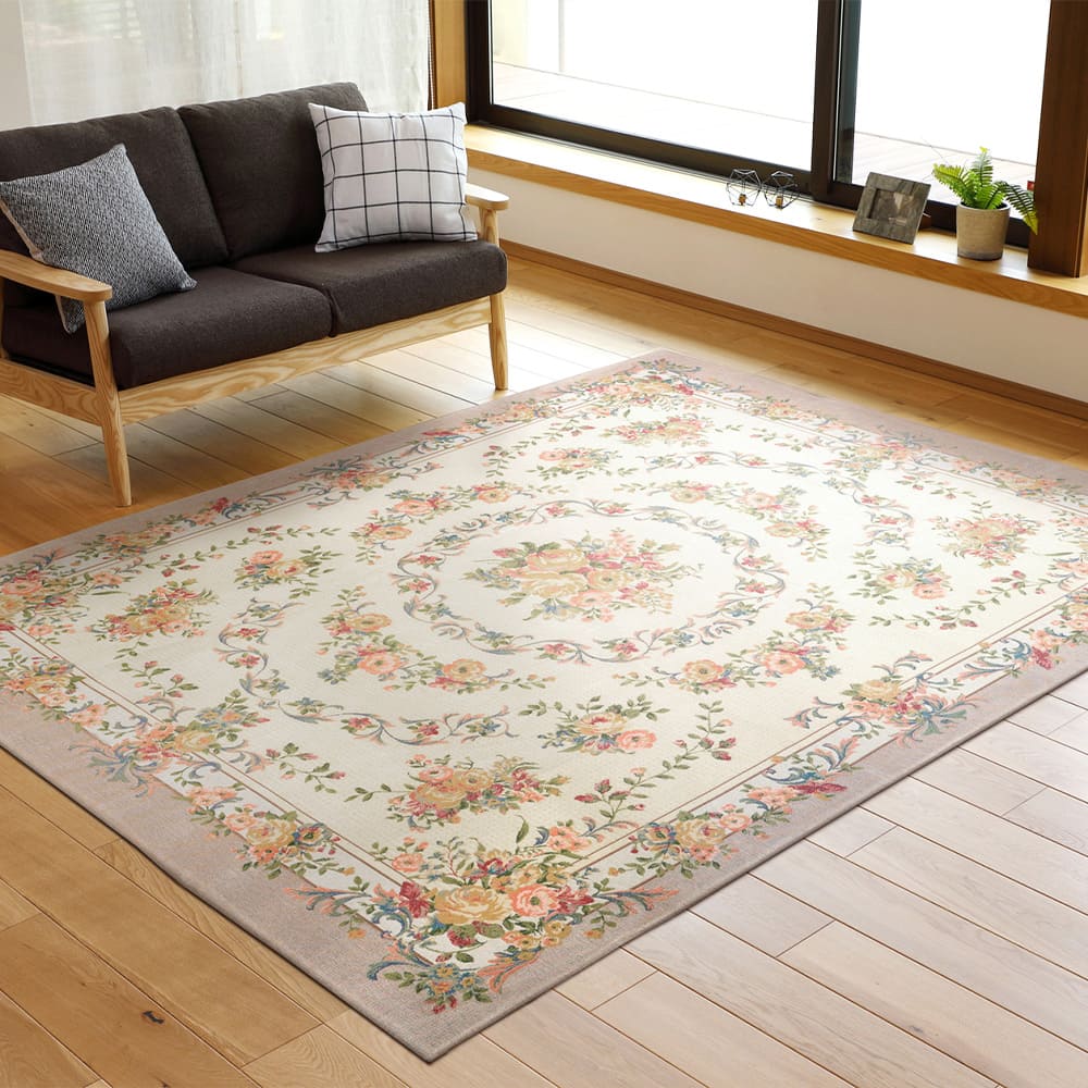 Water-Repellent Gobelin Chenille Rug, Bouquet, Beige