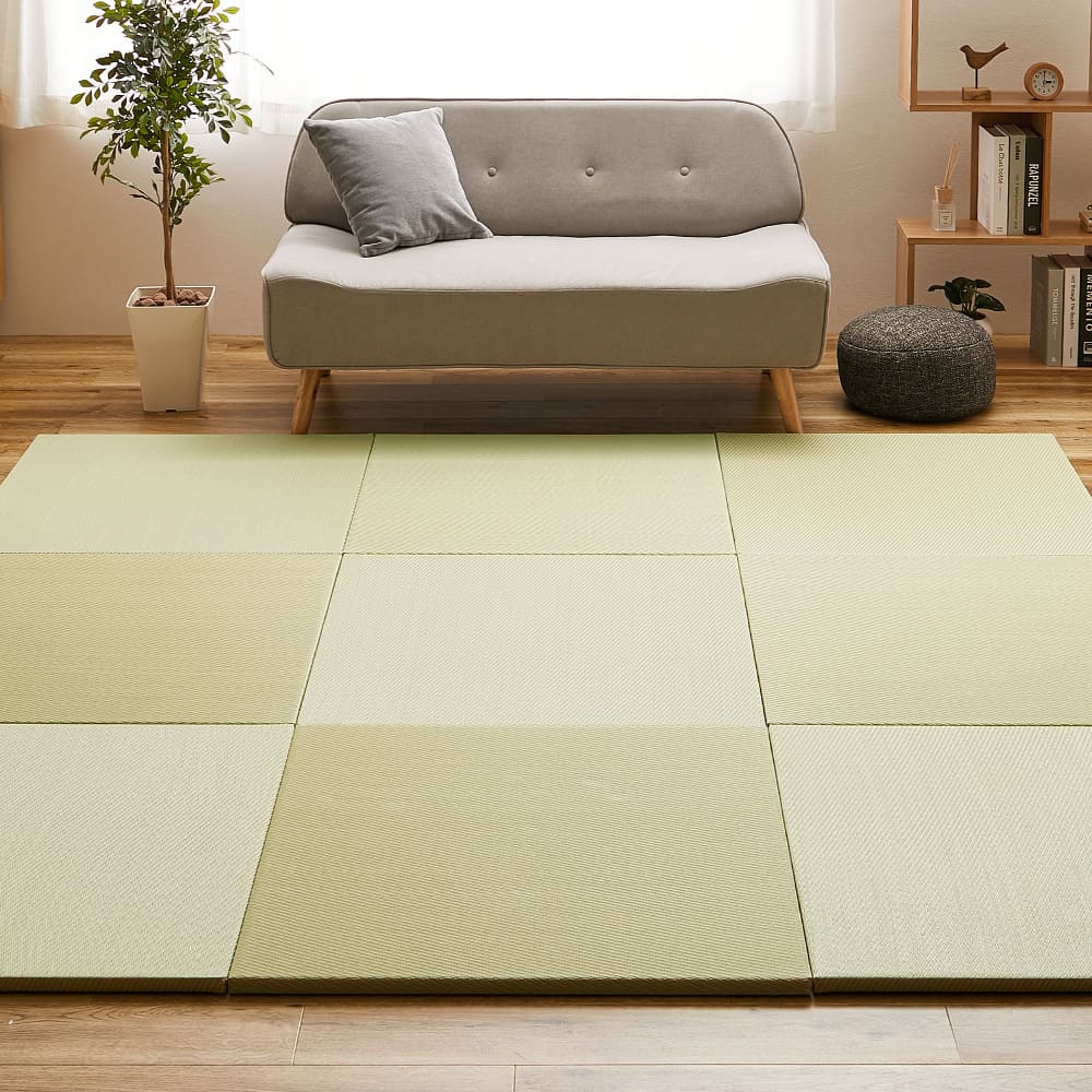 Water-Washable Tatami Mats in Green, Herringbone Pattern, Set of 12