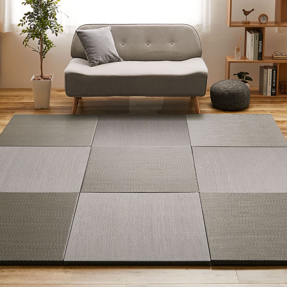 Water-Washable Tatami Mats in Gray, Herringbone Pattern, Set of 12
