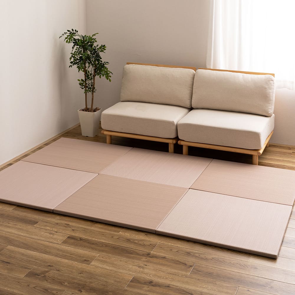 Water-Washable Rush Grass-like Tatami Mat (Oboro, Pink) 6 Pieces
