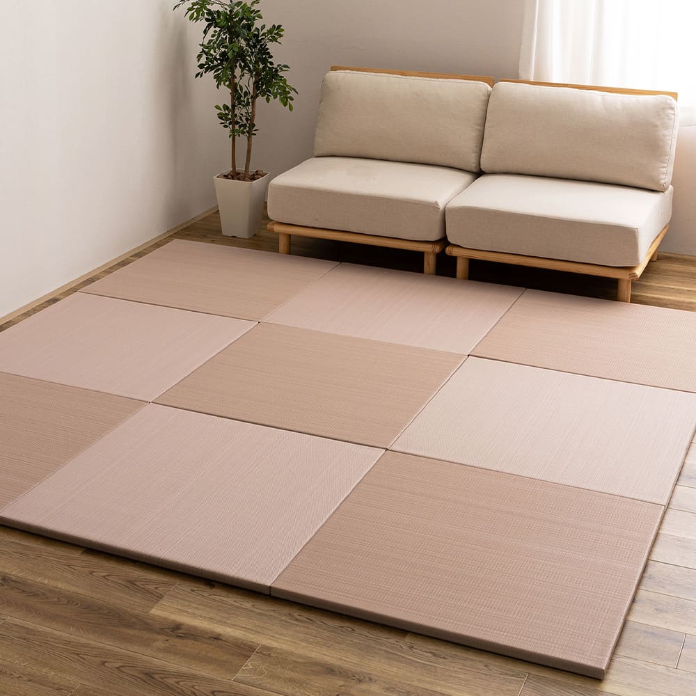 Water-Washable Rush Grass-like Tatami Mat (Oboro, Pink) 12 Pieces