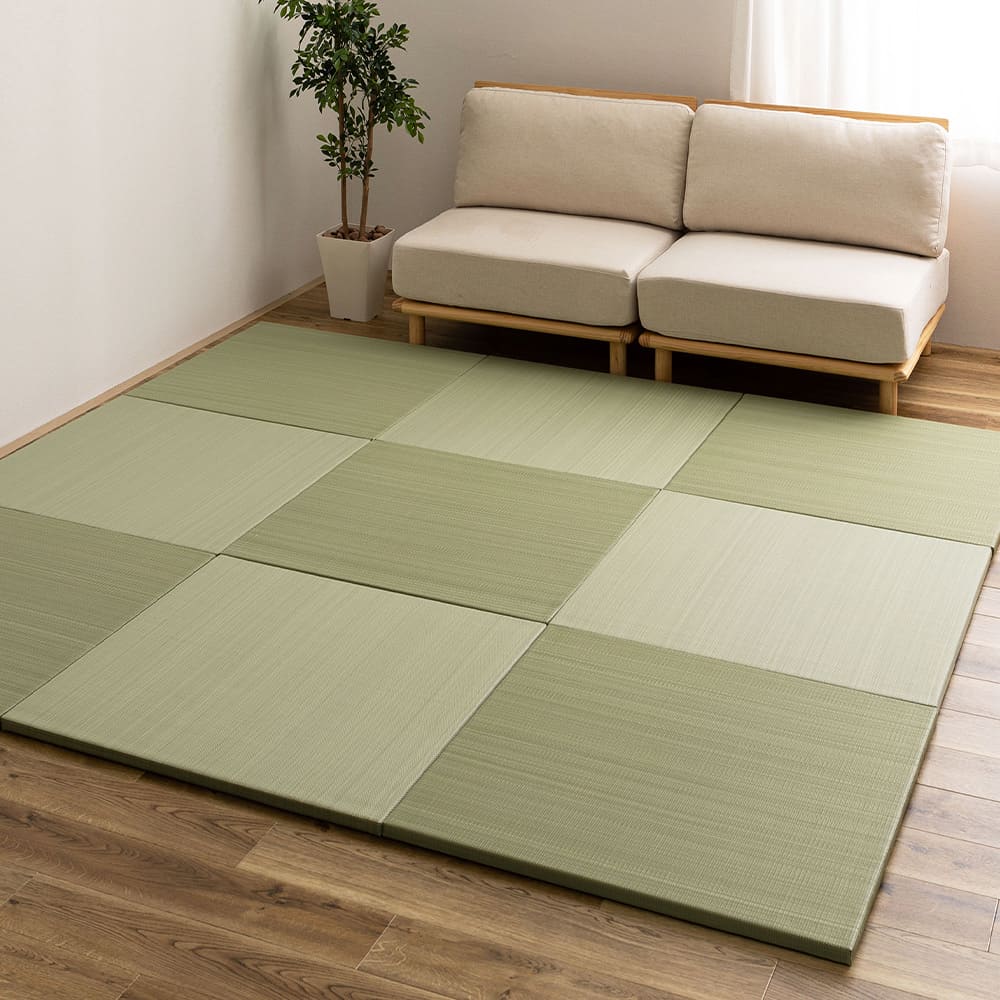 Water-Washable Rush Grass-like Tatami Mat (Oboro, Green) 12 Pieces