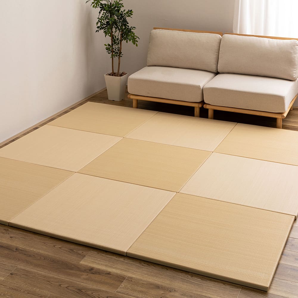 Water-Washable Rush Grass-like Tatami Mat (Oboro, Beige) 12 Pieces