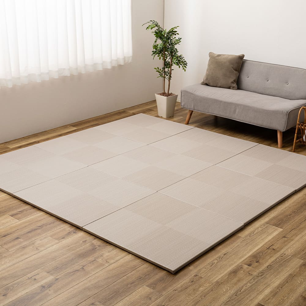 Water-Washable Tatami Style Mat in Checkered Pattern Gray 9-Piece Set