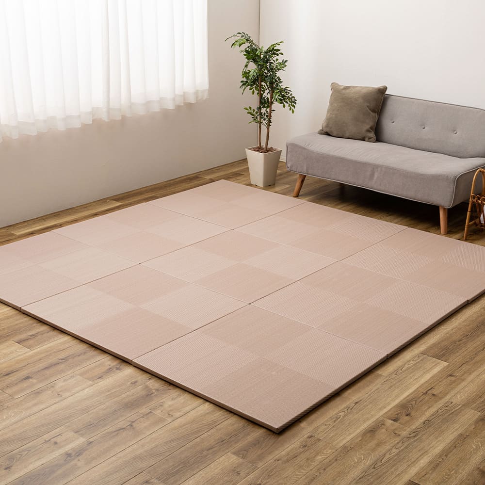Water-Washable Tatami Style Mat in Checkered Pattern Pink 9-Piece Set