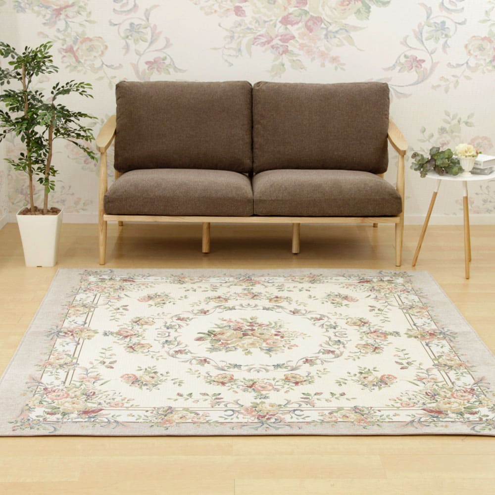 Bouquet Gobelin Chenille Rug Approx. 185×185cm Beige