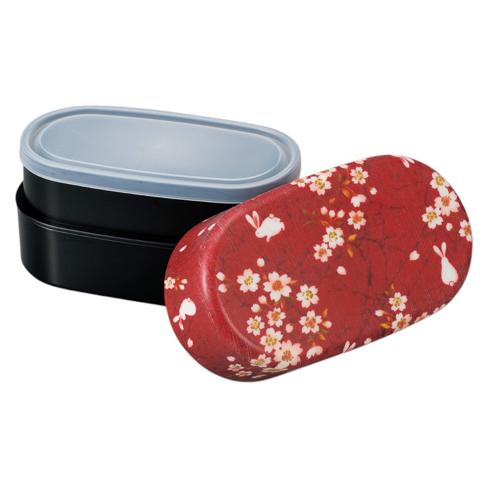 Tatsumiya Fabric Covered Oval Bento Large Red Cherry Blossom Rabbit