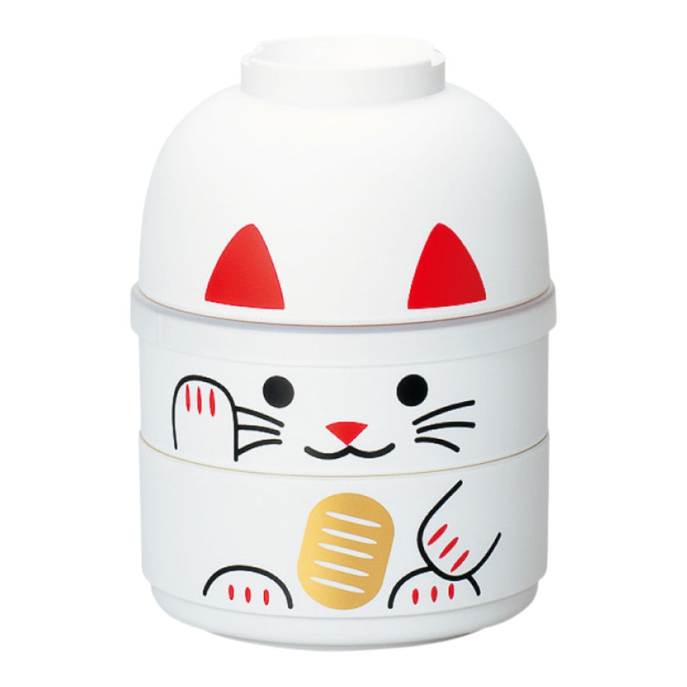 Tatsumiya Kokeshi Two-Tier Bento Maneki Neko White