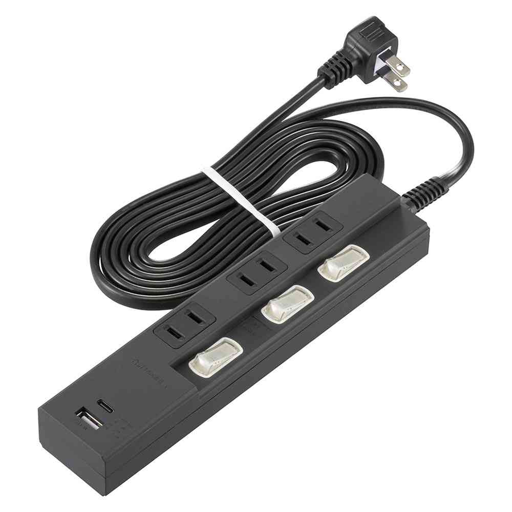Ohm Electric Energy-Saving Tap with PD-Compatible Type-C/Type-A Ports 2m HS-TPU32PD23-K
