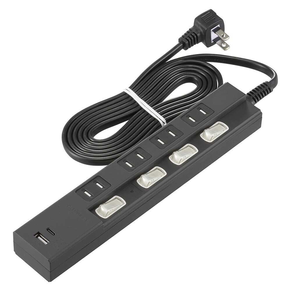 Ohm Electric 4 Outlets Power Saving Tap with Lightning Guard and PD-Compatible C/A Ports HS-TPKU42PD23-K