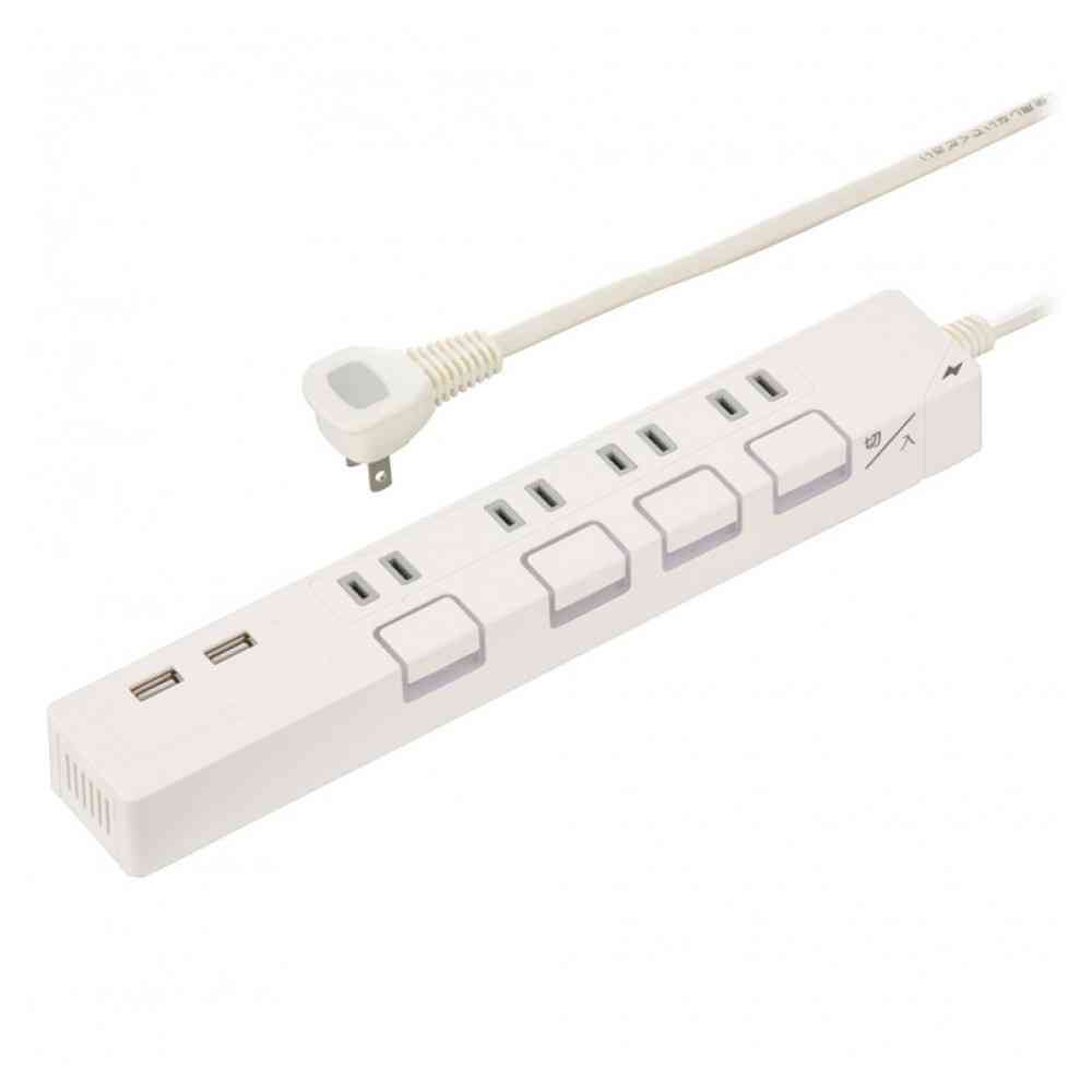 Ohm Electric Energy-Saving Tap with Illuminated Push Button Switch and Lightning Guard 4-Outlet USB Port 2m HS-TPKU42W-22