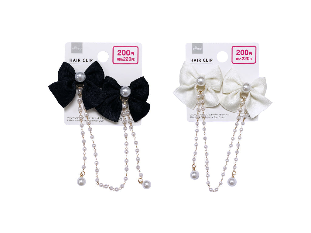 Ribbon Hair Clip (With Fake Pearl Chain)