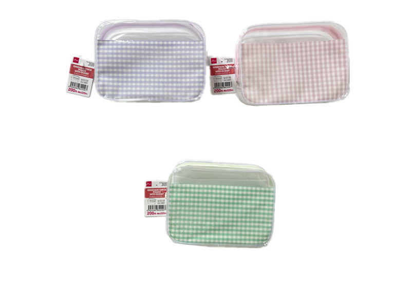 Gingham Check Gusset Pouch (Mesh Pocket, Green, Purple, Pink)