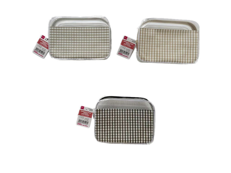 Gingham Check Gusset Pouch (Mesh Pocket, Black, Beige, Gray)