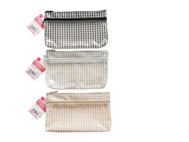 Gingham Check Pencil Case (2 Pockets, Beige, Gray, Black)