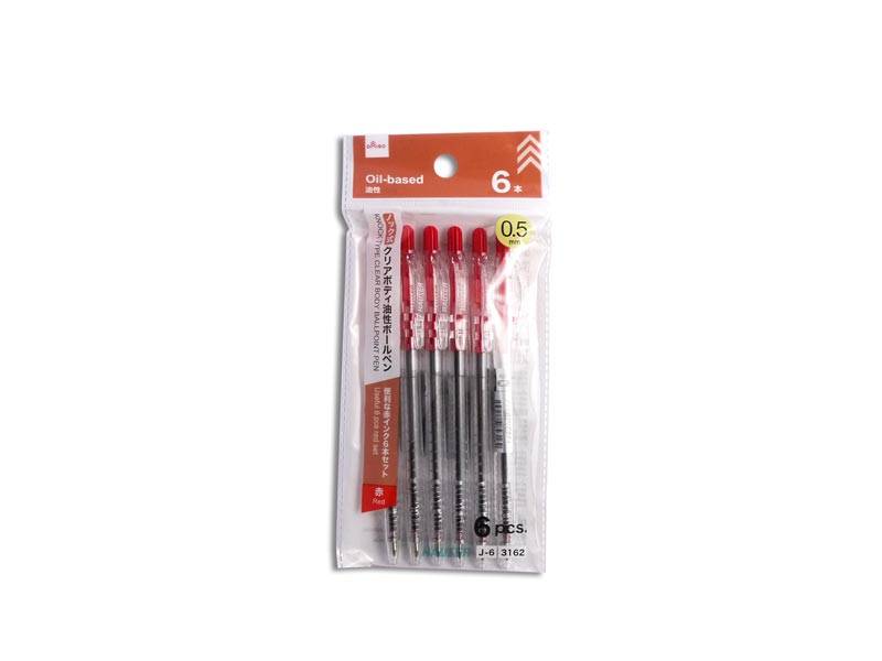 Knock Type Clear Body Oil Ballpoint Pen (Red, 6 Pieces)