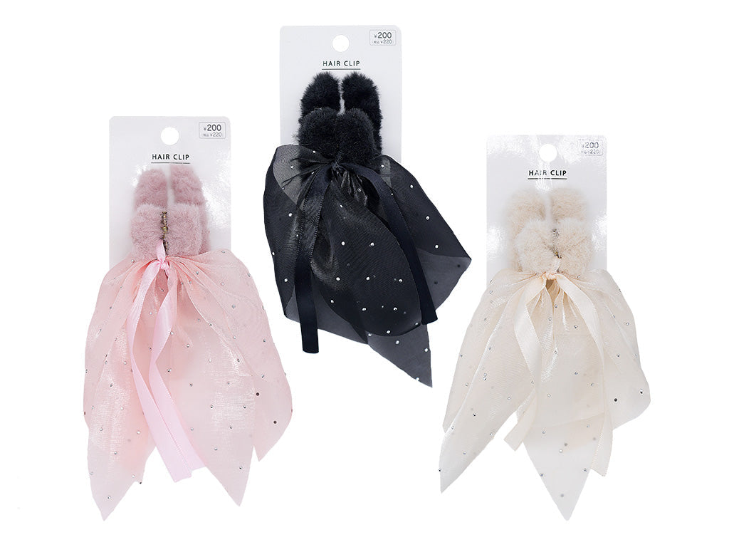 Eco Fur Bun Clip (Organza Ribbon, Stone)