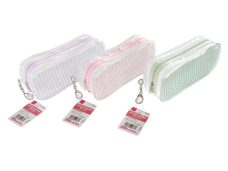 Gingham Check Pencil Case (Rectangular, Purple, Green, Pink)