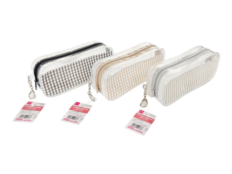 Gingham Check Pencil Case (Rectangular, Beige, Gray, Black)
